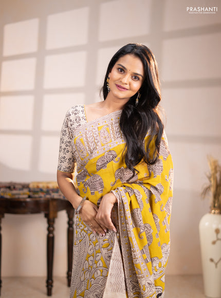 Kalamkari cotton saree yellow and beige with allover butta prints and printed border