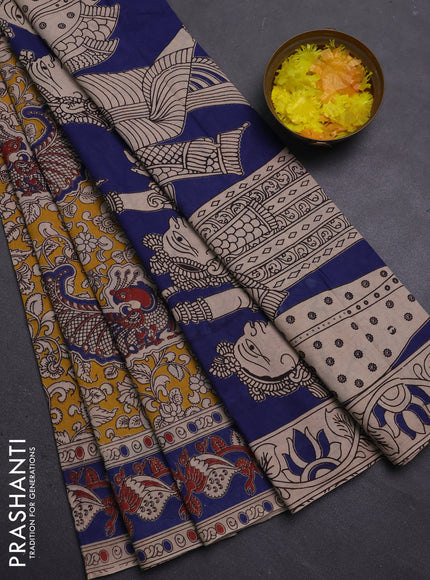 Kalamkari cotton saree yellow and blue with allover prints and printed border