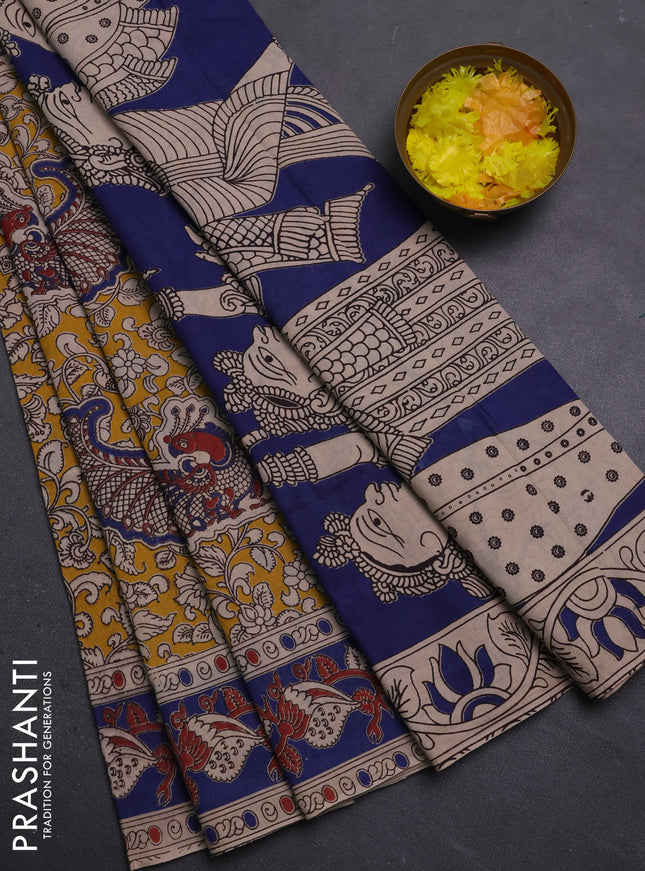 Kalamkari cotton saree yellow and blue with allover prints and printed border