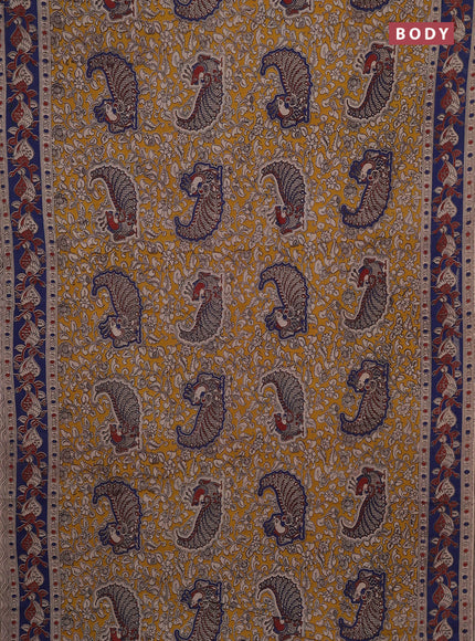 Kalamkari cotton saree yellow and blue with allover prints and printed border