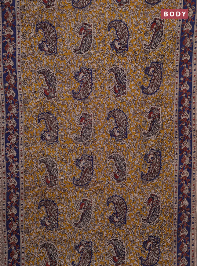 Kalamkari cotton saree yellow and blue with allover prints and printed border