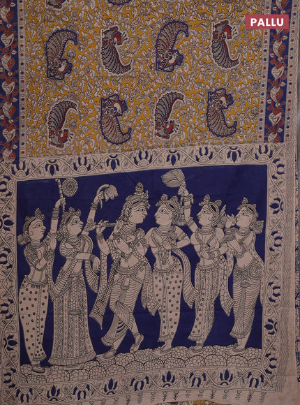 Kalamkari cotton saree yellow and blue with allover prints and printed border