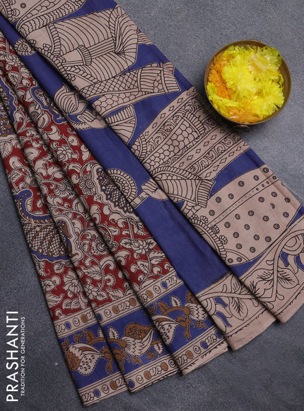 Kalamkari cotton saree maroon and blue with allover prints and printed border