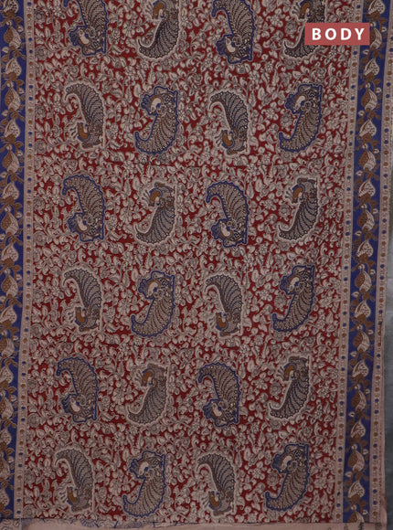 Kalamkari cotton saree maroon and blue with allover prints and printed border