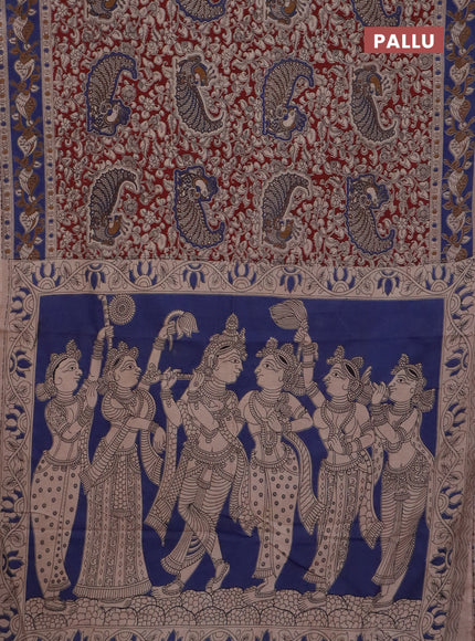 Kalamkari cotton saree maroon and blue with allover prints and printed border
