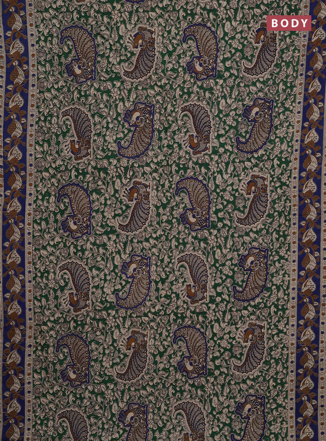 Kalamkari cotton saree green and blue with allover prints and printed border