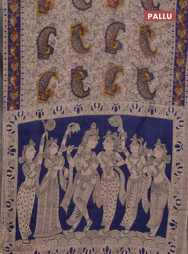 Kalamkari cotton saree beige and blue with allover prints and printed border
