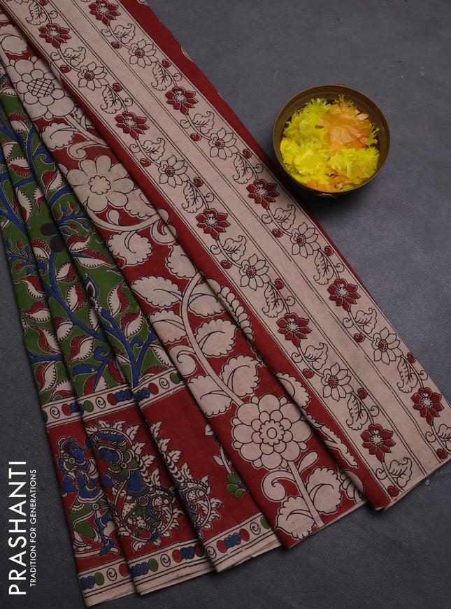 Kalamkari cotton saree sap green and maroon with allover prints and printed border