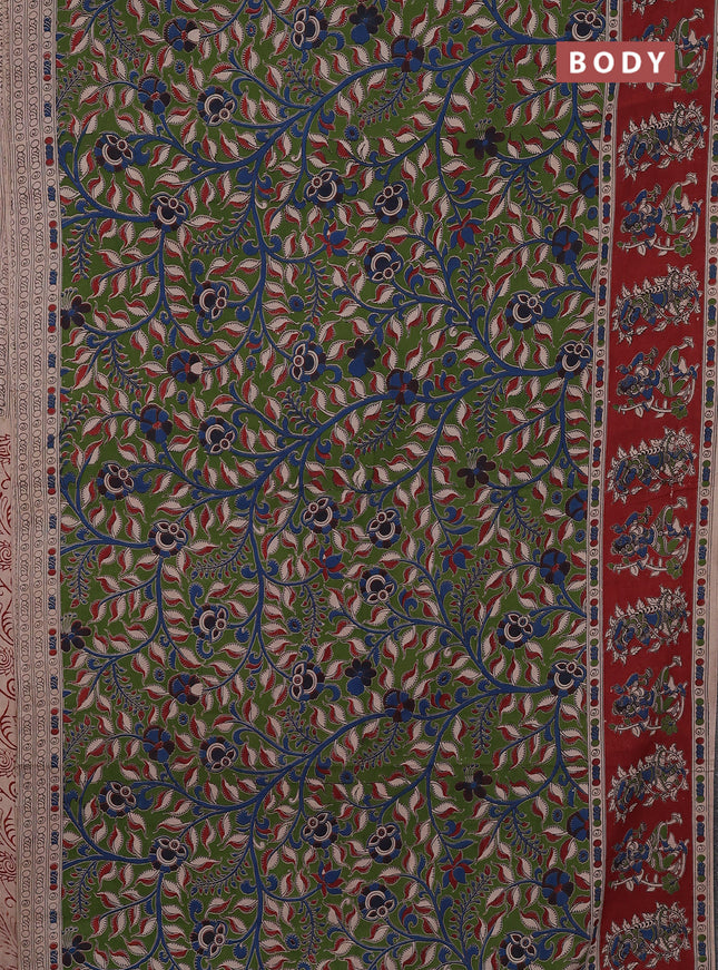 Kalamkari cotton saree sap green and maroon with allover prints and printed border