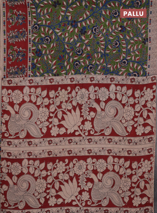 Kalamkari cotton saree sap green and maroon with allover prints and printed border