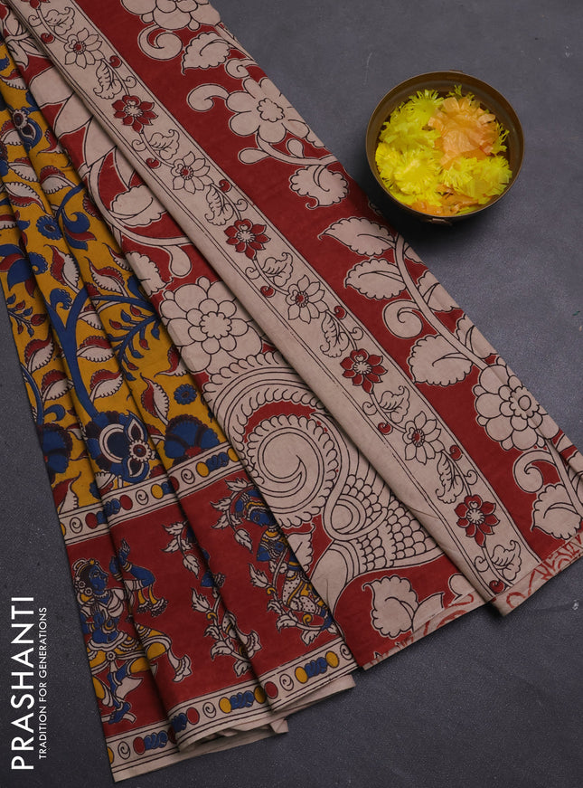Kalamkari cotton saree yellow and maroon with allover prints and printed border