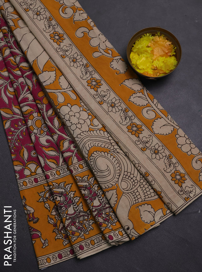 Kalamkari cotton saree pink and yellow with allover prints and printed border
