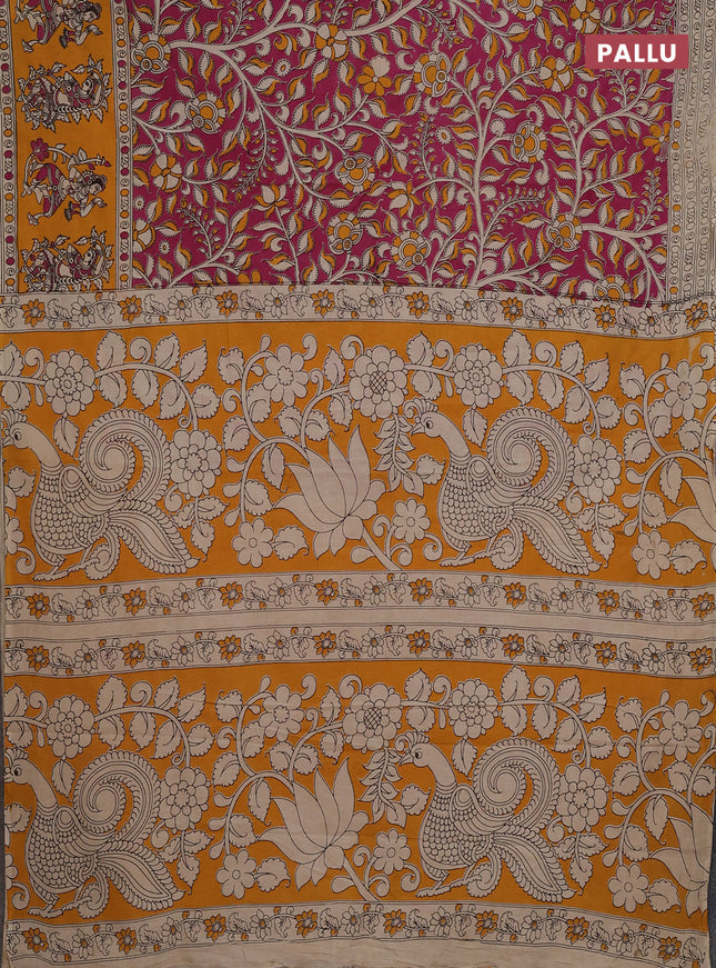 Kalamkari cotton saree pink and yellow with allover prints and printed border