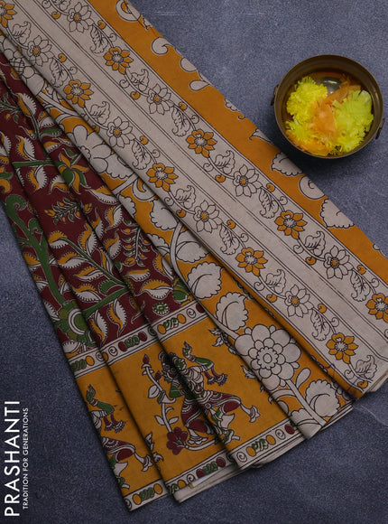 Kalamkari cotton saree maroon and yellow with allover prints and printed border