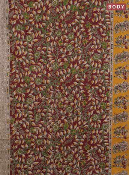 Kalamkari cotton saree maroon and yellow with allover prints and printed border