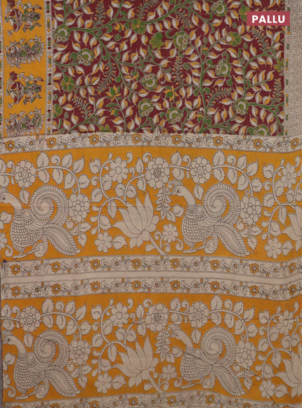 Kalamkari cotton saree maroon and yellow with allover prints and printed border