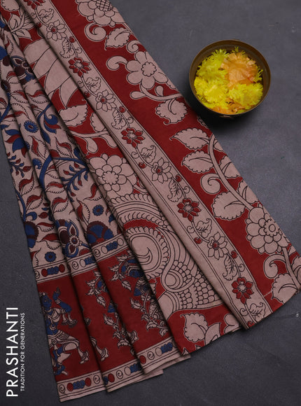 Kalamkari cotton saree beige and maroon with allover prints and printed border