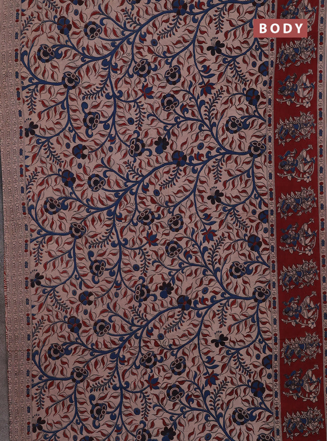 Kalamkari cotton saree beige and maroon with allover prints and printed border