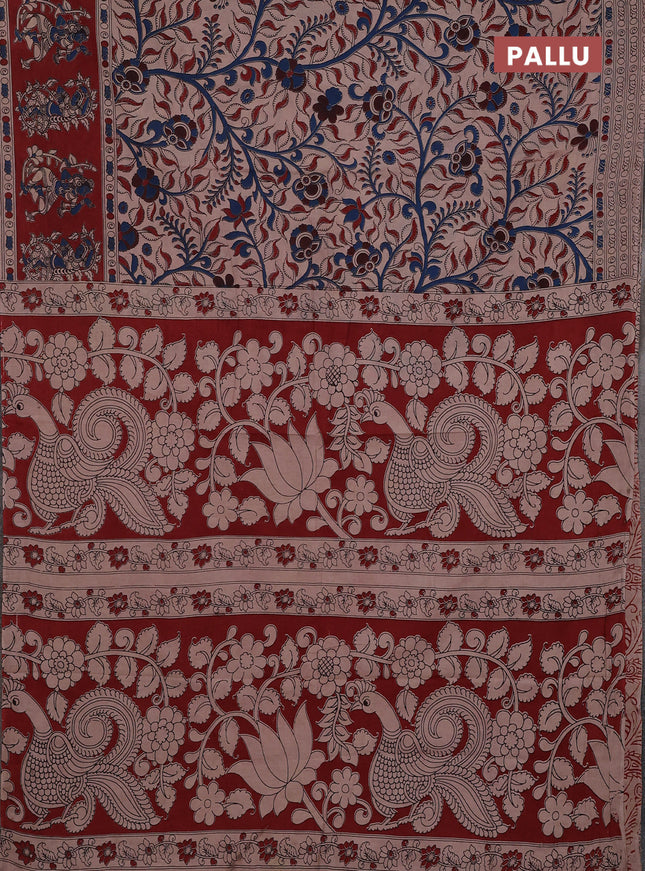 Kalamkari cotton saree beige and maroon with allover prints and printed border