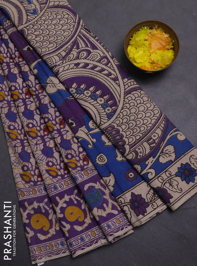 Kalamkari cotton saree beige and lavender with allover prints and printed border