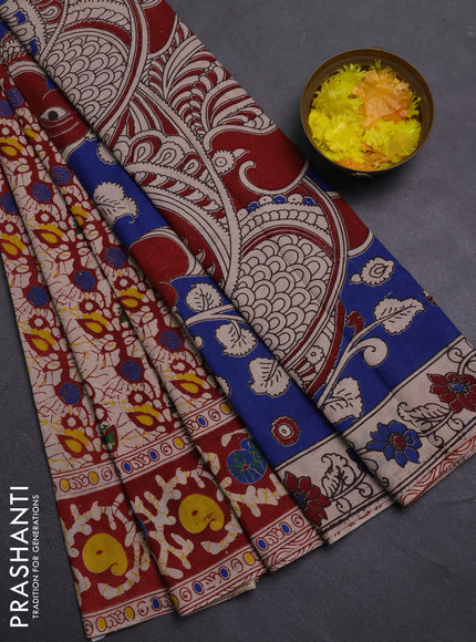 Kalamkari cotton saree beige and maroon with allover prints and printed border