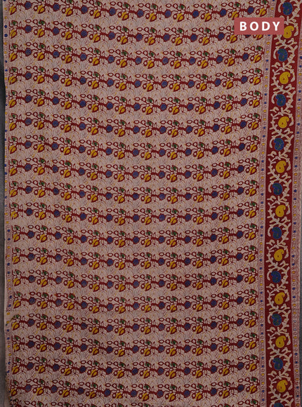 Kalamkari cotton saree beige and maroon with allover prints and printed border