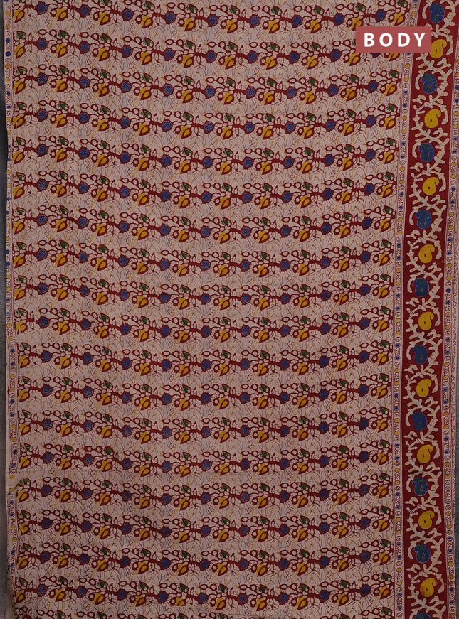 Kalamkari cotton saree beige and maroon with allover prints and printed border