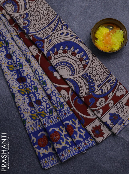 Kalamkari cotton saree beige and blue with allover prints and printed border