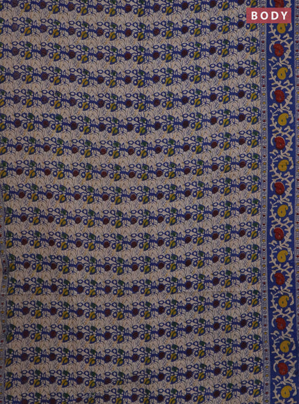 Kalamkari cotton saree beige and blue with allover prints and printed border