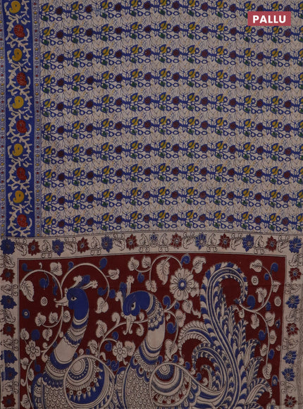 Kalamkari cotton saree beige and blue with allover prints and printed border