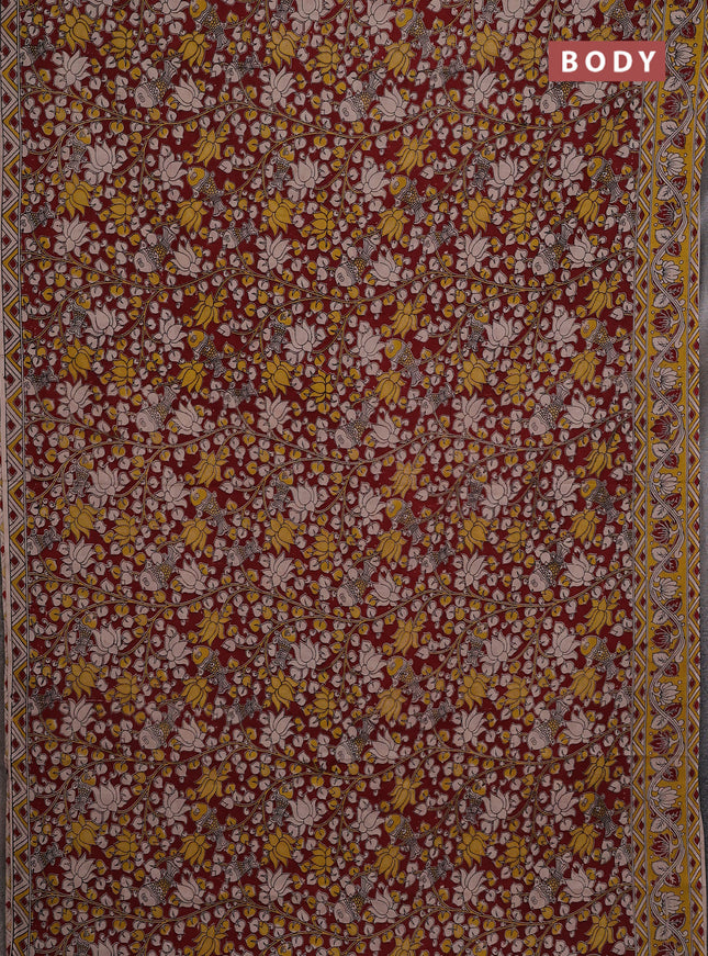 Kalamkari cotton saree maroon and yellow with allover prints and printed border