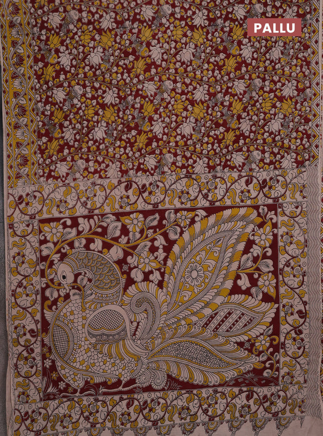 Kalamkari cotton saree maroon and yellow with allover prints and printed border
