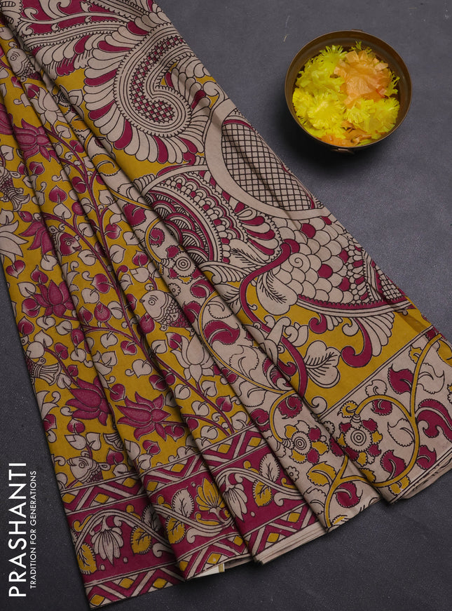 Kalamkari cotton saree yellow and pink with allover prints and printed border