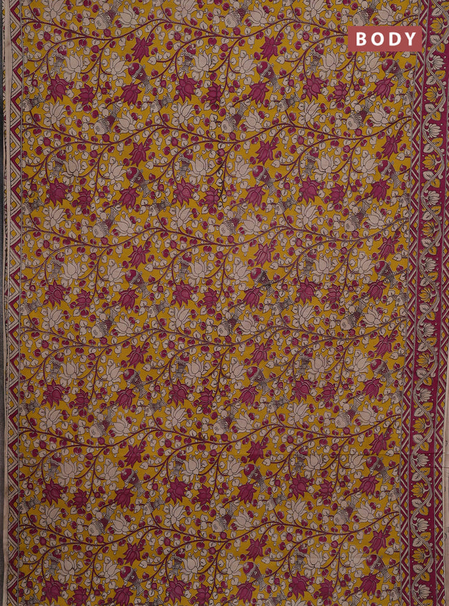 Kalamkari cotton saree yellow and pink with allover prints and printed border