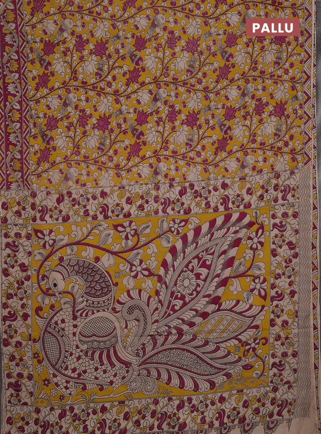 Kalamkari cotton saree yellow and pink with allover prints and printed border