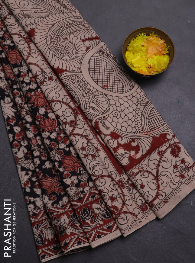 Kalamkari cotton saree black and maroon with allover prints and printed border