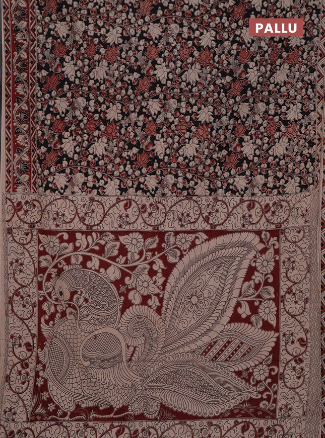 Kalamkari cotton saree black and maroon with allover prints and printed border