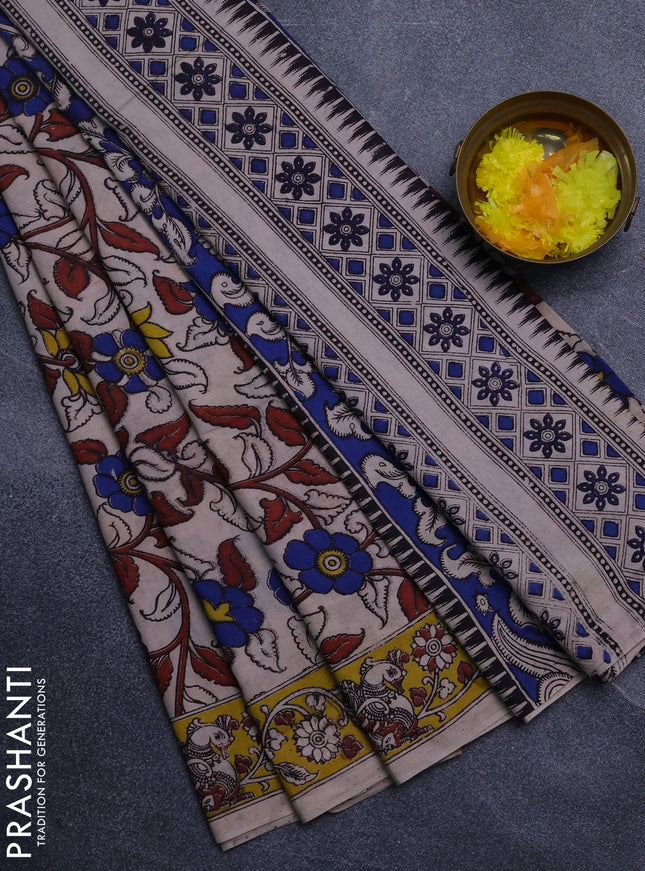 Kalamkari cotton saree beige and yellow with allover prints and printed border