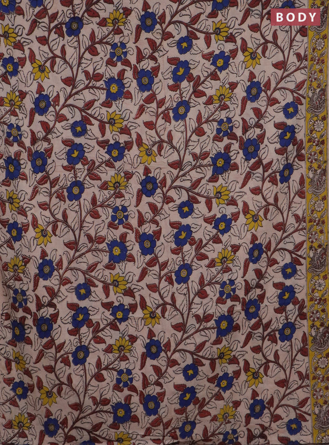 Kalamkari cotton saree beige and yellow with allover prints and printed border