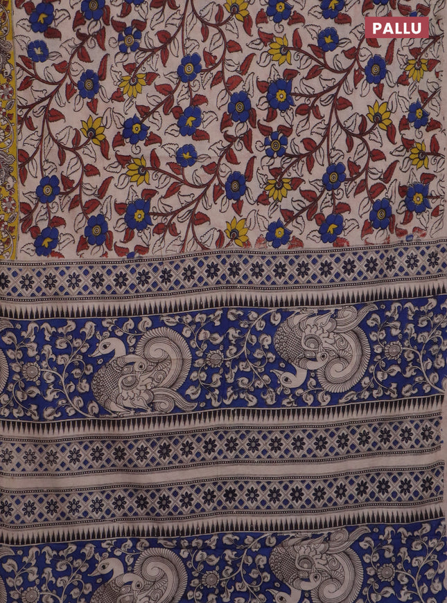 Kalamkari cotton saree beige and yellow with allover prints and printed border