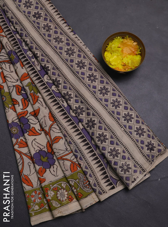 Kalamkari cotton saree beige and light green with allover prints and printed border