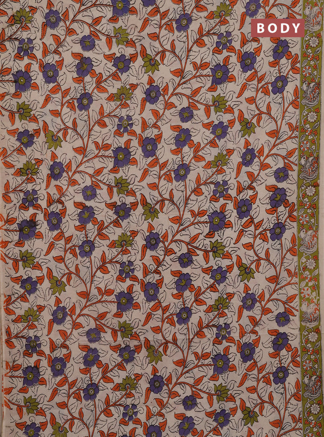 Kalamkari cotton saree beige and light green with allover prints and printed border