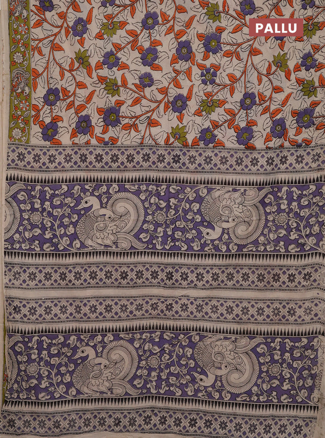 Kalamkari cotton saree beige and light green with allover prints and printed border