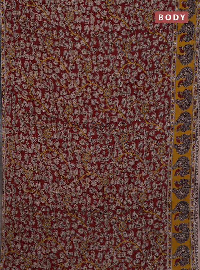 Kalamkari cotton saree maroon and yellow with allover prints and printed border