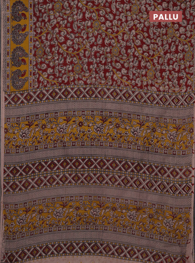 Kalamkari cotton saree maroon and yellow with allover prints and printed border