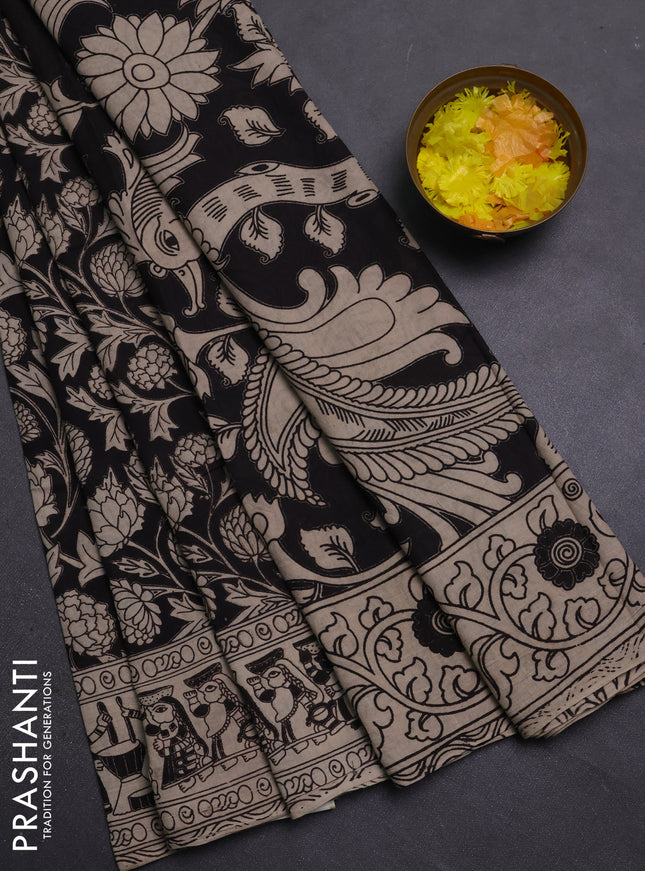 Kalamkari cotton saree black and beige with allover prints and printed border