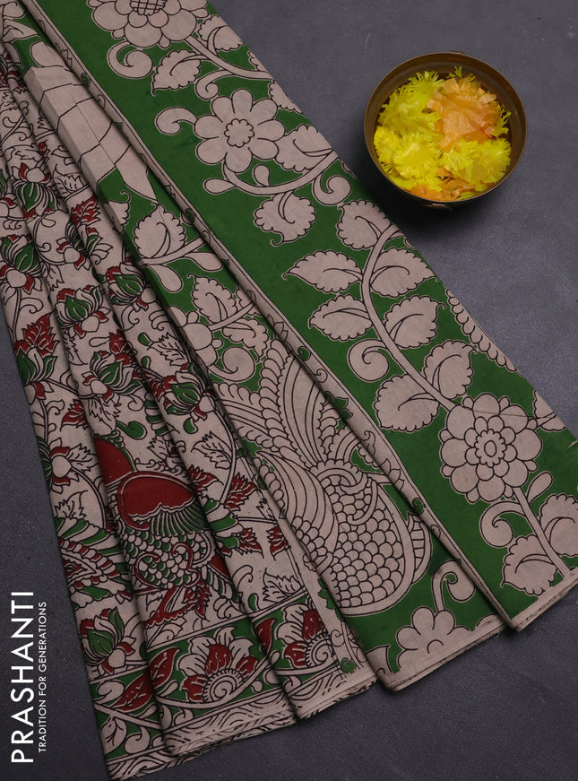 Kalamkari cotton saree beige and green with allover prints and printed border