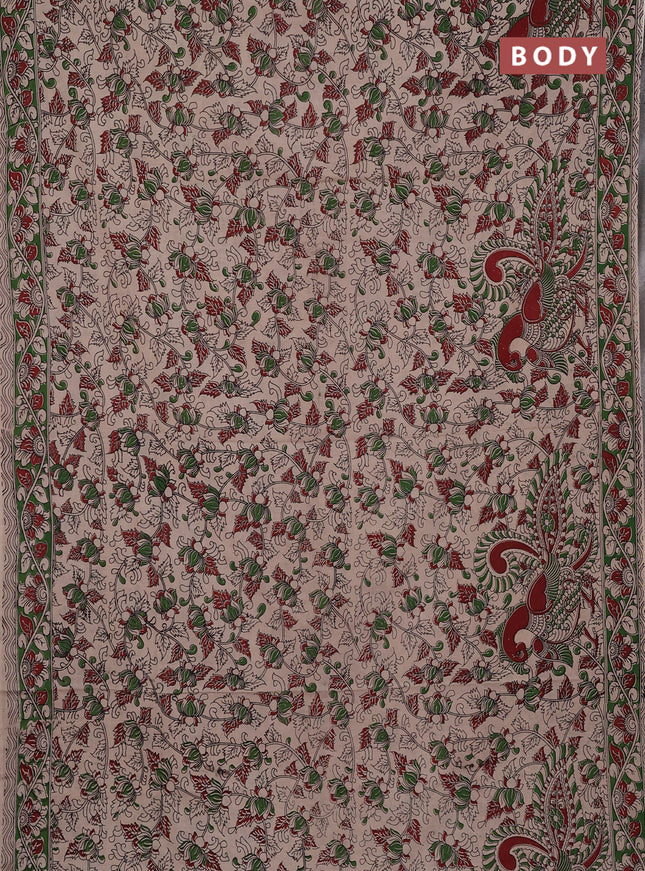 Kalamkari cotton saree beige and green with allover prints and printed border