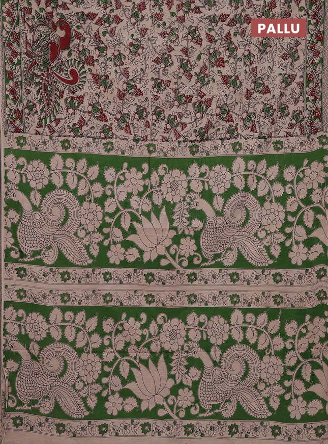 Kalamkari cotton saree beige and green with allover prints and printed border
