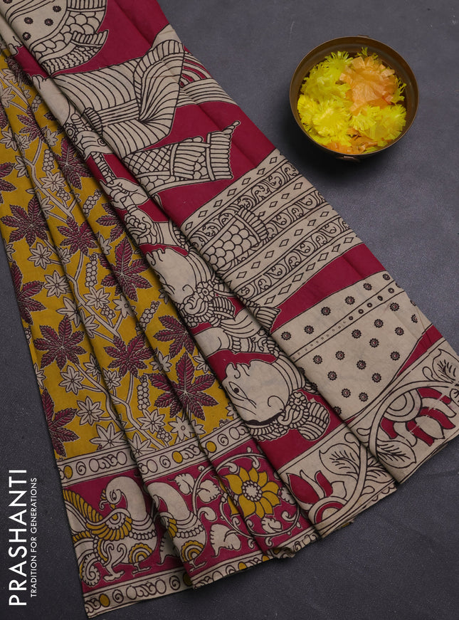 Kalamkari cotton saree yellow and pink with allover prints and printed border